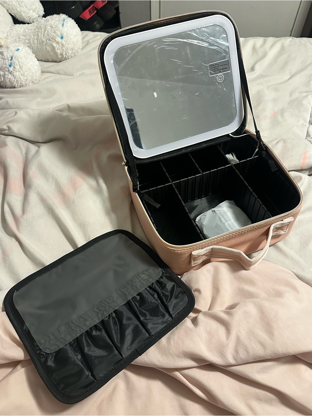 Portable Pink Cosmetic Organizer Case with LED Mirror